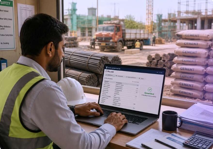 Procurement manager reviewing e-way bill construction India compliance on laptop at construction site office.