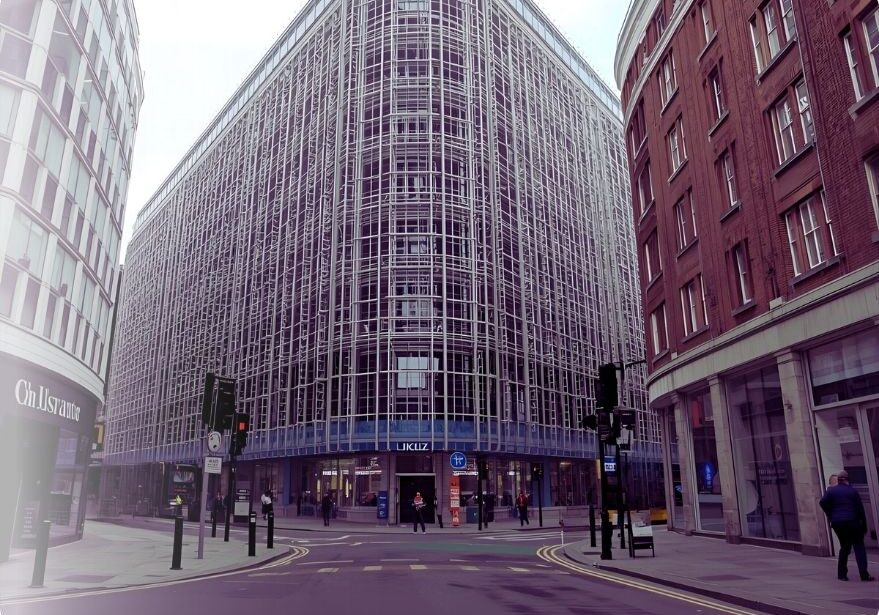 Modern building in urban setting showing decline